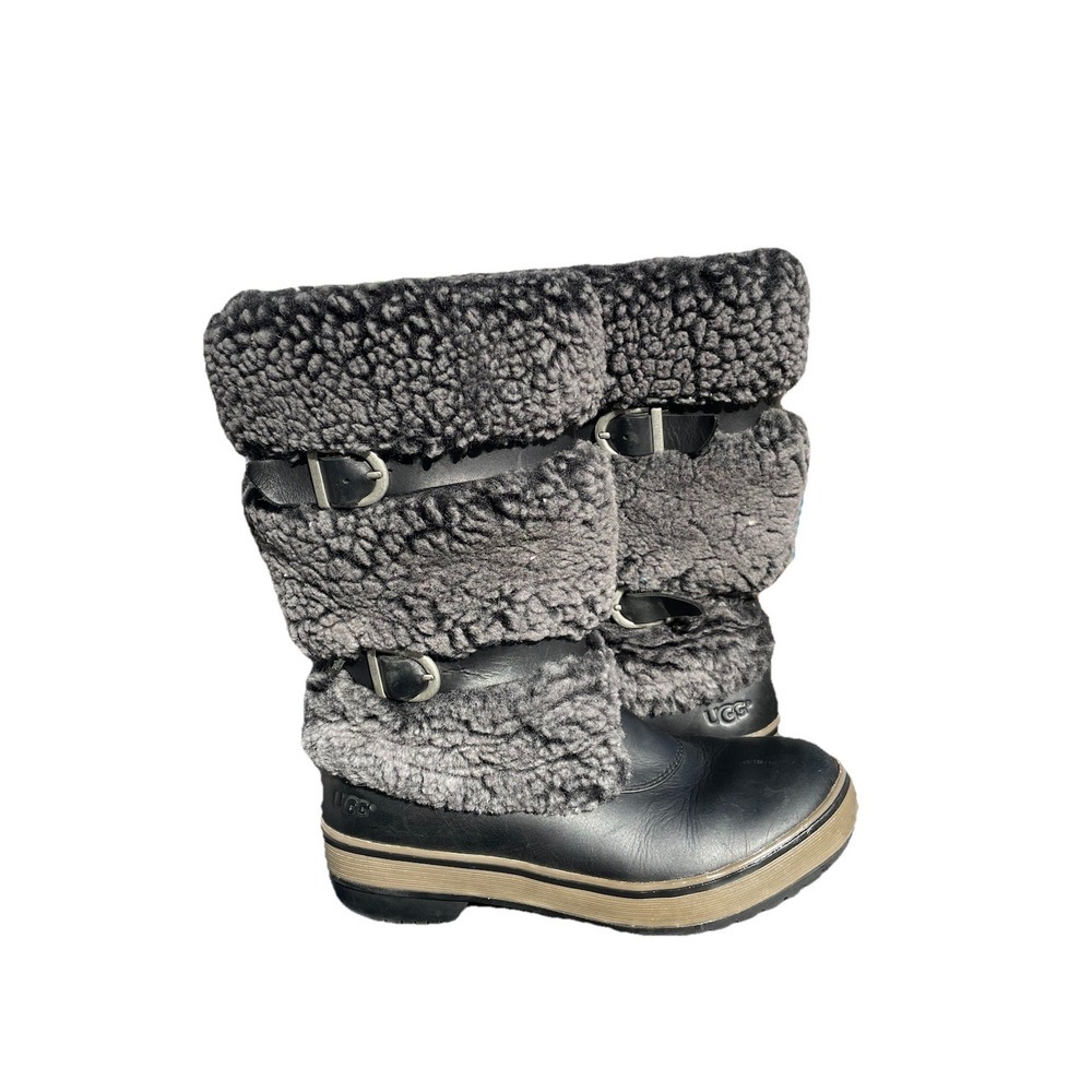 Ugg Australia Lilyan Black Fur Tall Snow Boots Size 6 Leather